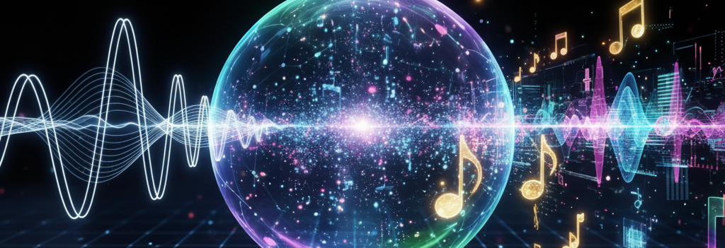 Eine Kugel, von der links und rechts stilisierte Schallwellen und Musiknotensymbole in verschiedenen Farben abstrahlen