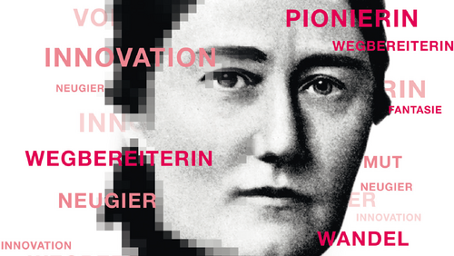 Grafik mit dem Portrait von Helene Lange, im Vordergrund sieht man Begriffe wie "Innovation", "Vordenkerin" und "Wegbereiterin"
