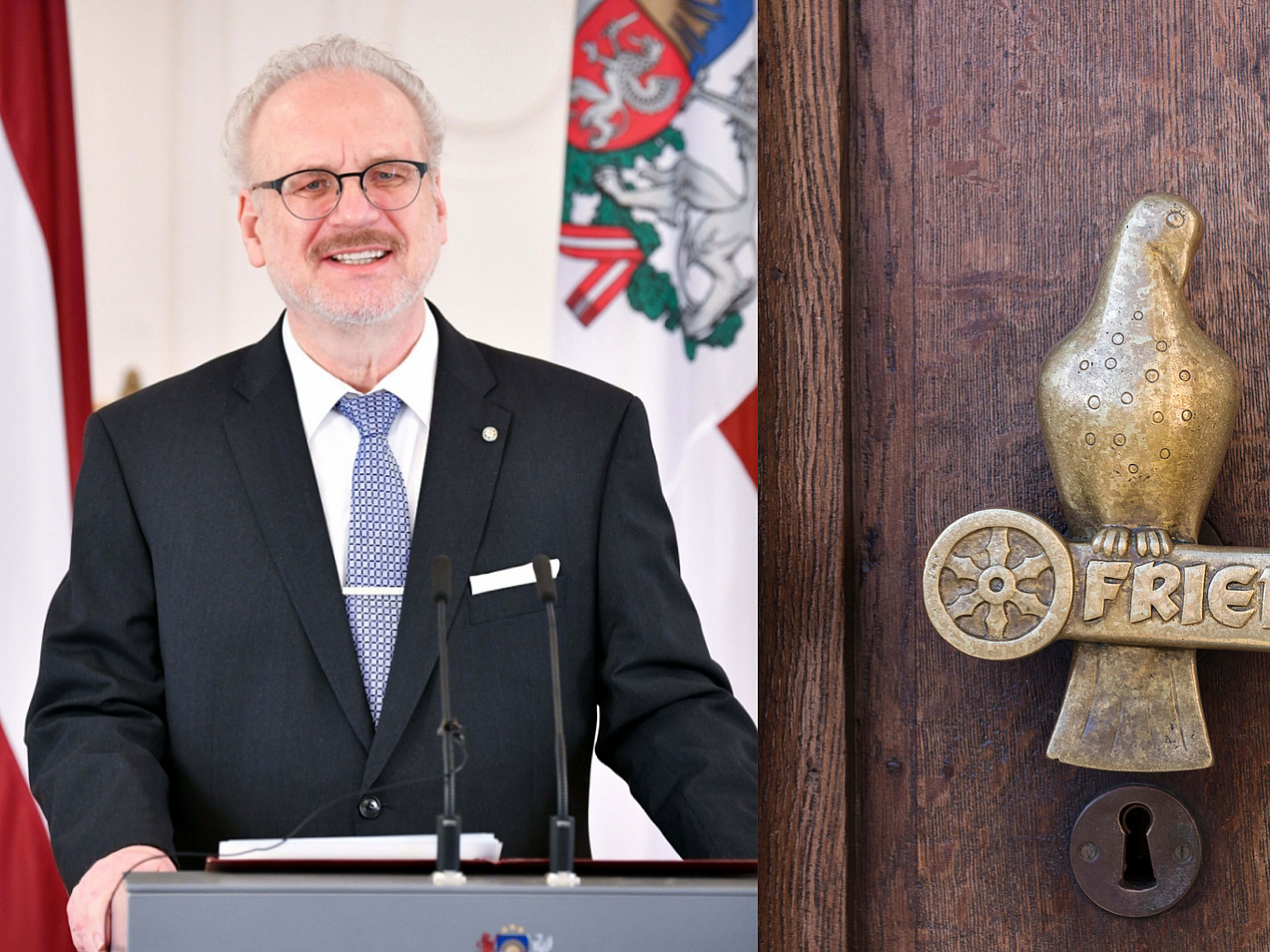 The image is divided into two halves. On the left side is a portrait and on the right side is a door handle with a peace symbol.