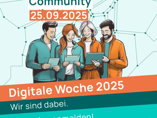 Werbeplakat für die Digitale Woche der Stadt Osnabrück 2025 zum Thementag "Community". Eine Gruppe Menschen schaut auf Tablets.
