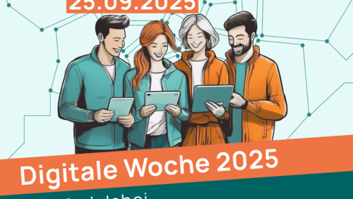 Werbeplakat für die Digitale Woche der Stadt Osnabrück 2025 zum Thementag "Community". Eine Gruppe Menschen schaut auf Tablets.