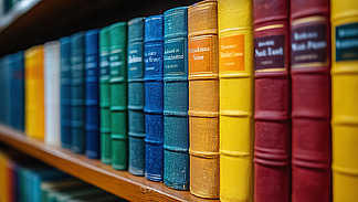 Eine bunte Sammlung von Büchern, fein säuberlich auf einem Holzregal angeordnet. Eine breite Palette von Farben und Größen, die eine Vielzahl von Literatur präsentieren.