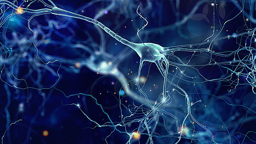 Konzeptionelle Darstellung von Nervenzellen mit leuchtenden Verbindungsknoten in einem abstrakten dunklen Raum, hochaufl&ouml;sende 3D-Illustration