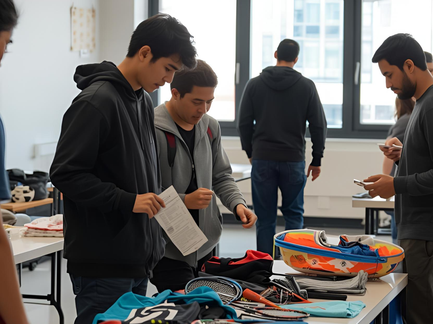 Sportartikel und -bekleidung liegen auf Tischen werden von Personen betrachtet