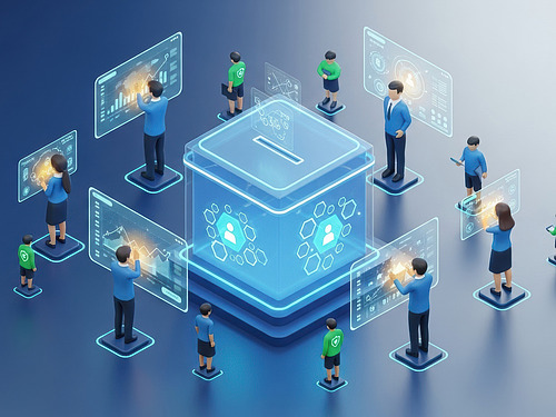 KI-generierte Menschen rund um eine Wahlurne, die ziemlich gro&szlig; ist.