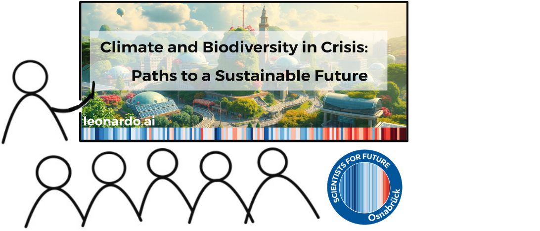 S4F lecture series symbolic image: A stylized person points to a blackboard with a short pointing stick. It reads: Climate and biodiversity in crisis: paths to a sustainable future. A green city can be seen behind the lettering. Large solar panels are visible in front of some buildings. There are no cars on the streets. A hot-air balloon floats in the blue sky on the left. At the bottom of the panel are the Warming Stripes. Five stylized stick figures symbolize the audience. Next to them is the logo of Scientists for Future Osnabrück.