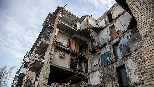 A destroyed house in Ukraine following a Russian missile strike