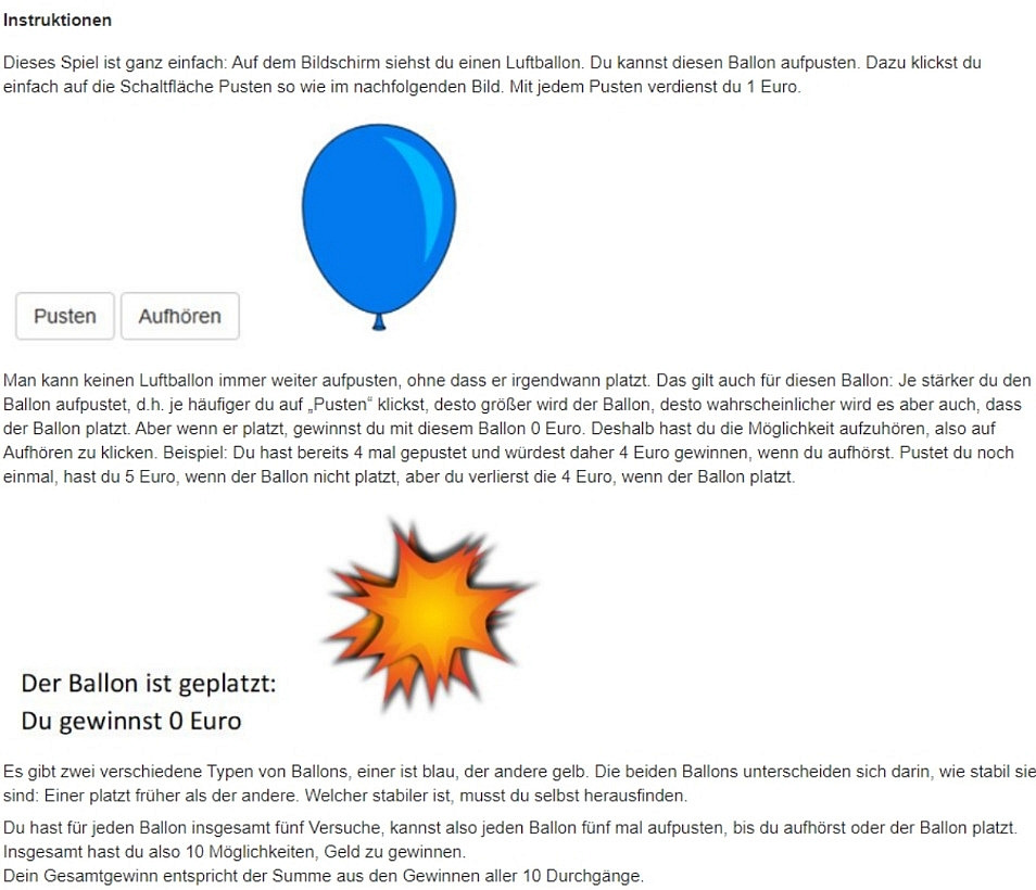Experimentbildschirm zum Ballonspiel