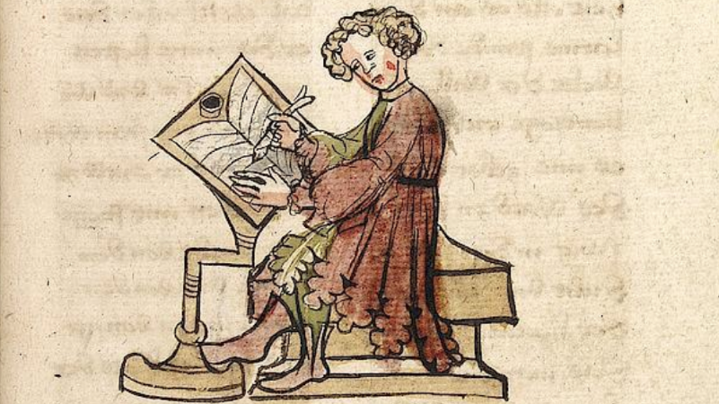 Ausschnitt aus einer mittelalterlichen Handschrift: Ein Mann schreibt an einem Pult