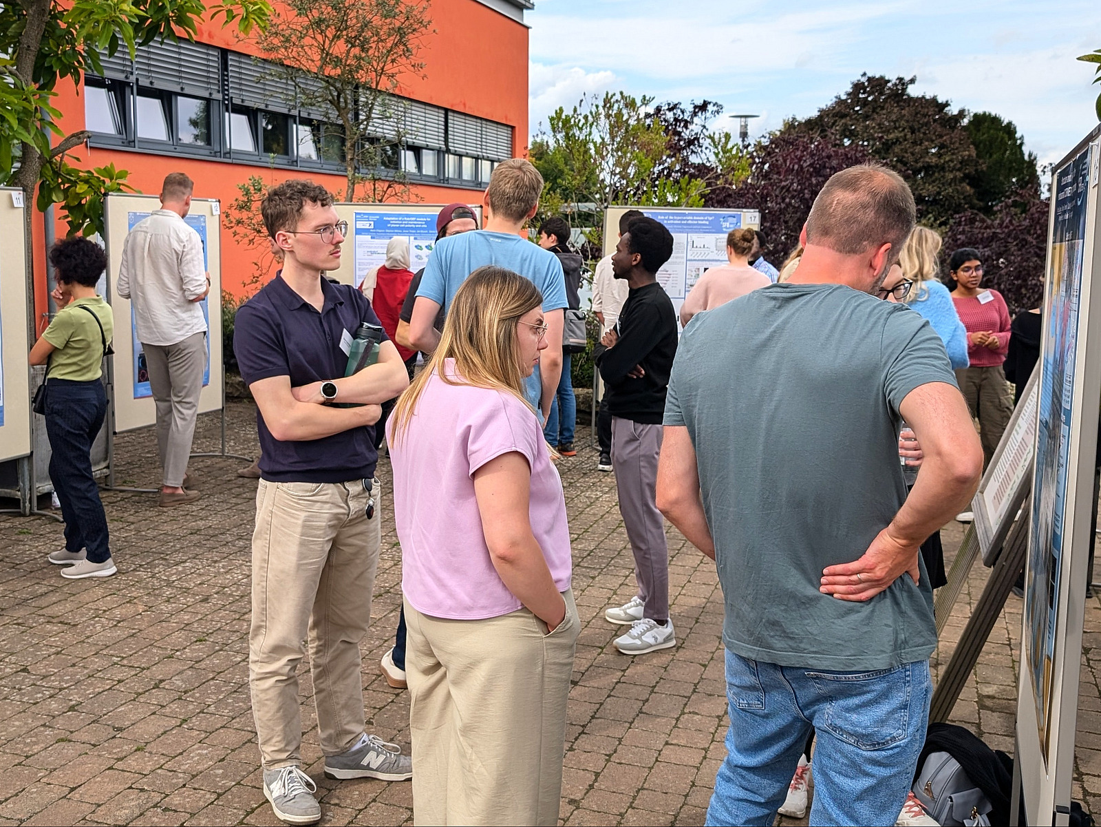 Personen stehen unter freiem Himmel vor Posterwänden mit wissenschaftlichen Postern und diskutieren.