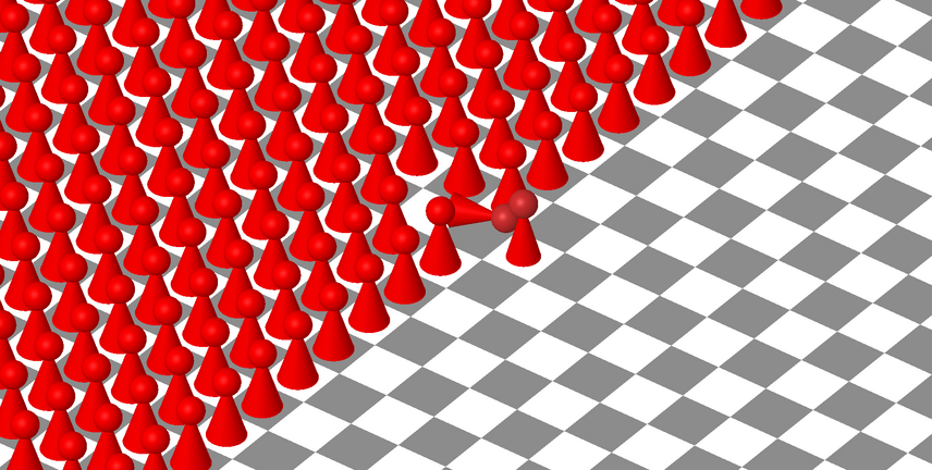 Auf einem Schachbrettmuster stehen viele rote Spielfiguren.