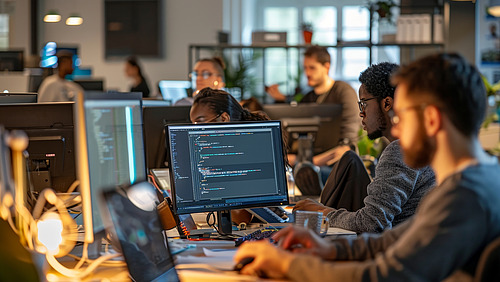 several people sitting in front of computer desks