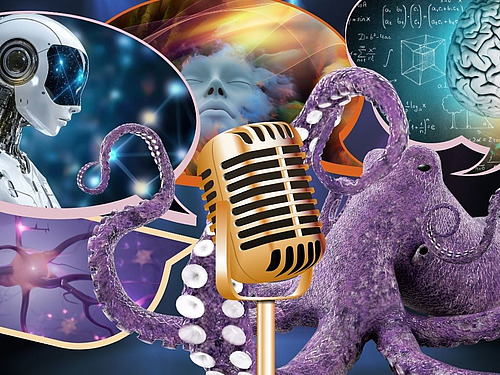 Viele verschiedene Elemente, wie ein Mikro, ein Tintenfisch, ein Roboter geben sich ein Stelldichein.