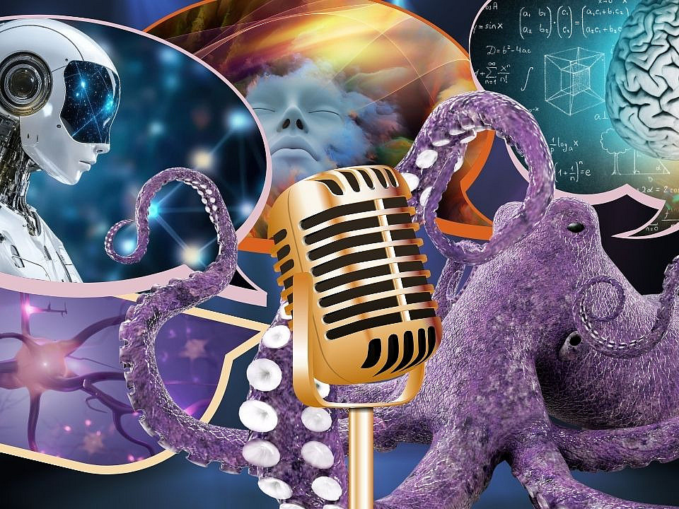 Viele verschiedene Elemente, wie ein Mikro, ein Tintenfisch, ein Roboter geben sich ein Stelldichein.