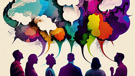 Eine Gruppe von Menschen ist als Silouhette zu sehen. Sie disktutieren miteinander. Die Sprechbladen der Personen werden zu einer gro&szlig;en, bunten Sprechblase.