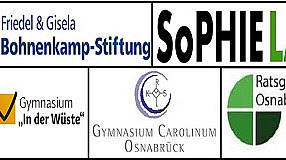 Zusammenstellung der Logos der Friedel & Gisela Bohnenkamp-Stiftung, SophieLabs, GidW, Gymnasium Carolinum und Ratsgymnasium