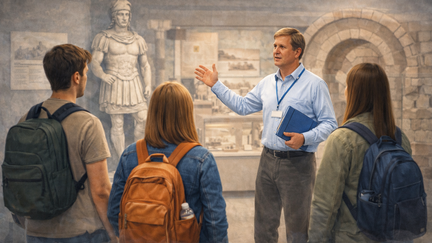 Drei Studierende mit Rucks&auml;cken stehen in einem historischen Museum und h&ouml;ren einem Guide zu, der vor ihnen spricht und auf Ausstellungsst&uuml;cke zeigt. Im Hintergrund sind eine antike Statue, historische Mauerelemente und Vitrinen mit Exponaten zu sehen.