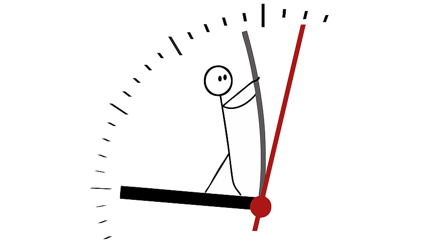 A sketch of a counter or a display with a red colored pointer position indicating a certain level. In the center of the counter is a simple drawing of a person who looks like they are monitoring a chart or process.