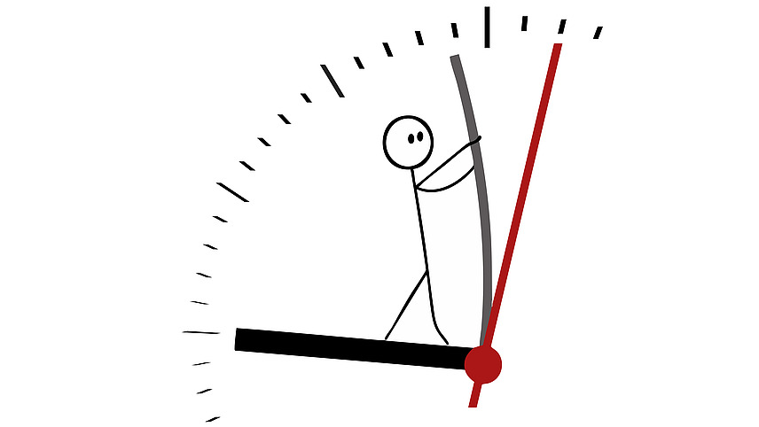 Eine Skizze eines Z&auml;hlers oder eine Anzeige mit einer rot gef&auml;rbten Zeigerposition, die auf ein bestimmtes Niveau hinweist. In der Mitte des Z&auml;hlers steht eine einfache Zeichnung einer Person, die aussieht, als w&uuml;rde sie ein Diagramm oder einen Prozess &uuml;berwachen.