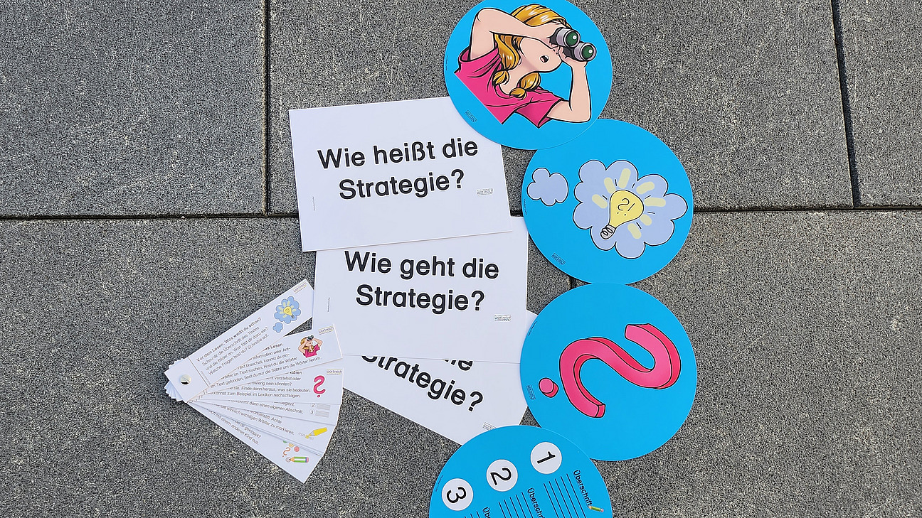 Arbeitsmaterial zum Modul Lesen. Wie heißt die Strategie? Wie geht die Strategie? Man erkennt Lesefächer mit verschiedenen Aufgaben und Hilfestellungen.