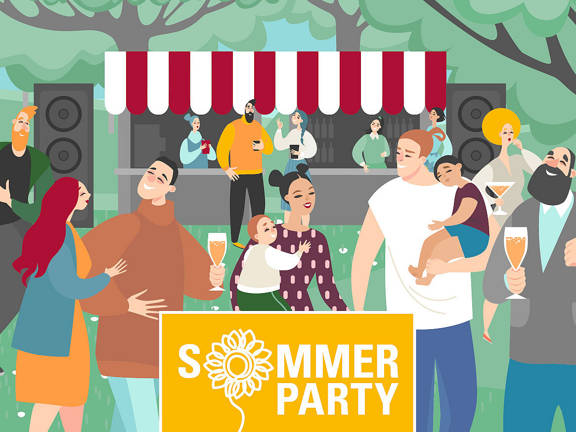 Colorful graphic with many different people celebrating a party outside