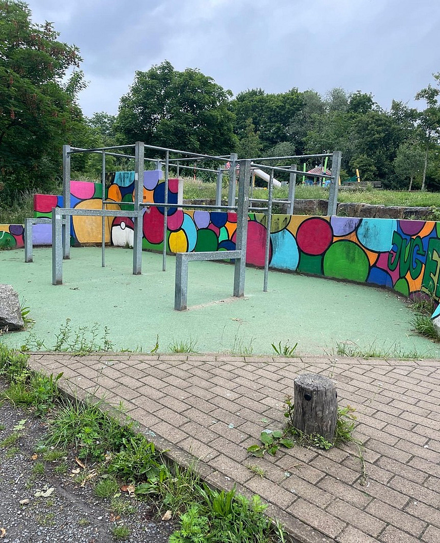 Calisthenics-Anlage aus Metall vor bunter Graffiti-Wand