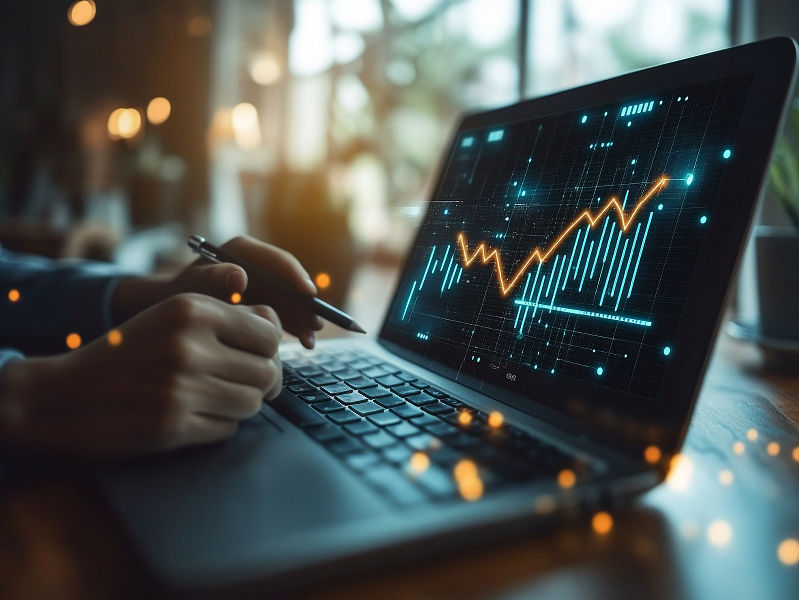 A notebook with a graphic and hands in front of it.