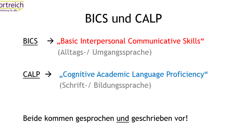 503_11_wortreich_Workshop_BICS.jpg Erklärung der Abkürzungen BICS: Basic Interpersonal Communicative Skills, also Alltags- oder Umgangssprache, und CALP: Cognitive Academic Language Proficiency, einer Schrift oder Bildungssprache. Beide kommen gesprochen und geschrieben vor.