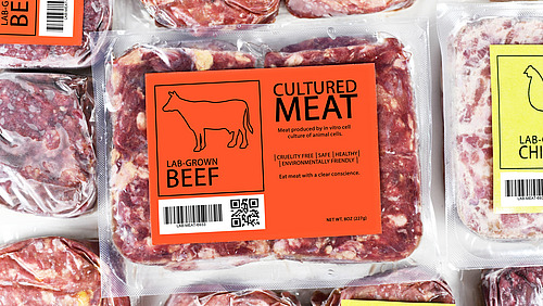 Transparent packaging with flesh-coloured contents. The label indicates that this is meat produced in a laboratory from cell cultures.
