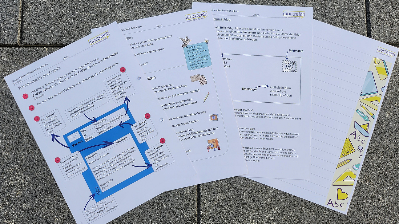 Arbeitsmaterial zum Modul kommunikatives Schreiben. Wie schreibe ich eine Email? Wo klebe ich die Briefmarke auf einen Brief?
