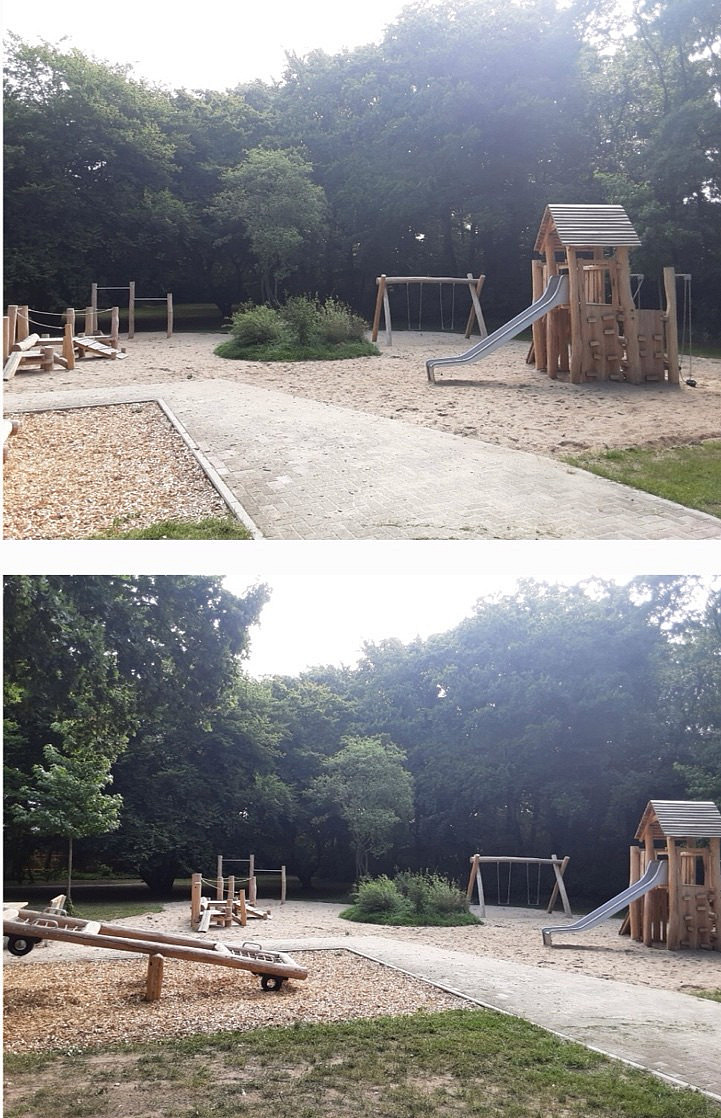 Spielplatz mit Spielger&auml;ten aus Holz, Schaukel und Rutsche 