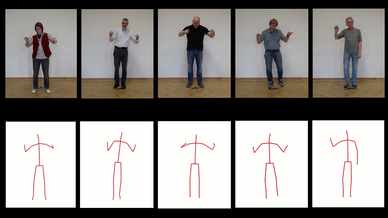 People conducting and below them as stick figures.