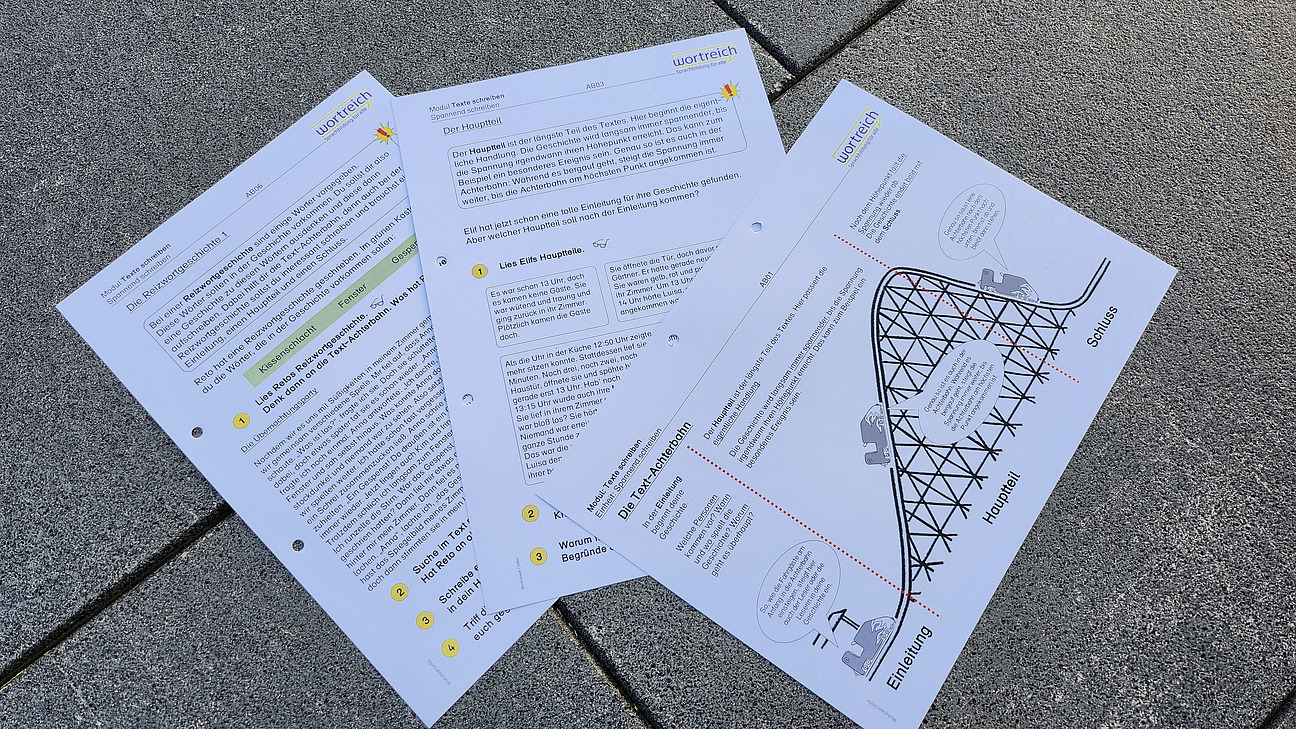 Arbeitsmaterial zum Modul Texte schreiben. Arbeitsblätter mit Informationen, wie man einen Text spannend schreibt. Ein Besispiel zeiht eine Reizwortgeschichte. Man erkennt die Textachterbahn, durch die die Steigerung der Spannung zwischen Hauptteil und Schluss dargestellt wird.