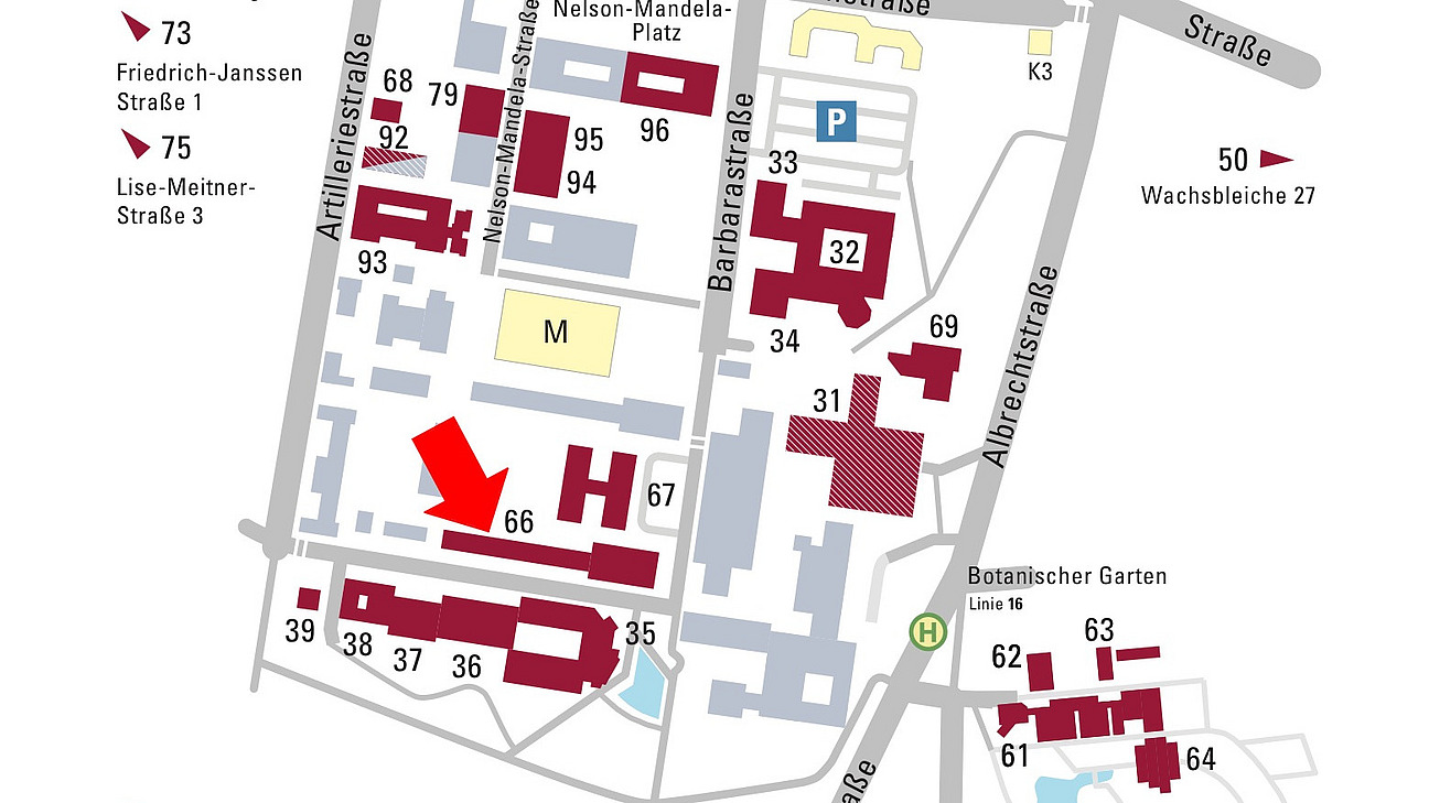 Lageplan Universit&auml;tsgeb&auml;ude Westerberg mit rotem Pfeil auf Geb&auml;ude 66