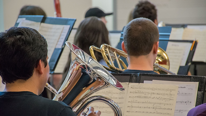 A group shot of musicians seen from the back. They are playing various wind instruments with music stands in front of them.