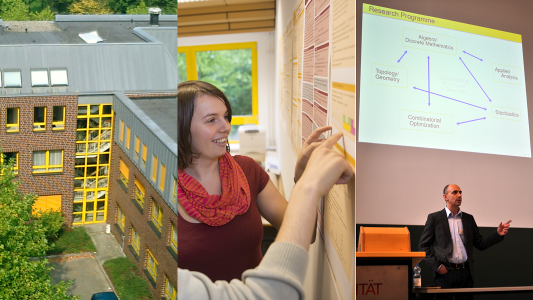 Gebäude der Mathematik; eine Doktorandin diskutiert vor einem Vortragsposter; der Institutsdirektor präsentiert Forschungsschwerpunkte