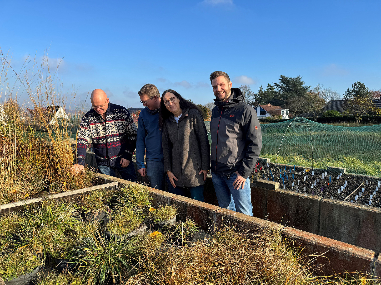 Drei M&auml;nner und eine Frau blicke auf einen Pflanzkasten.