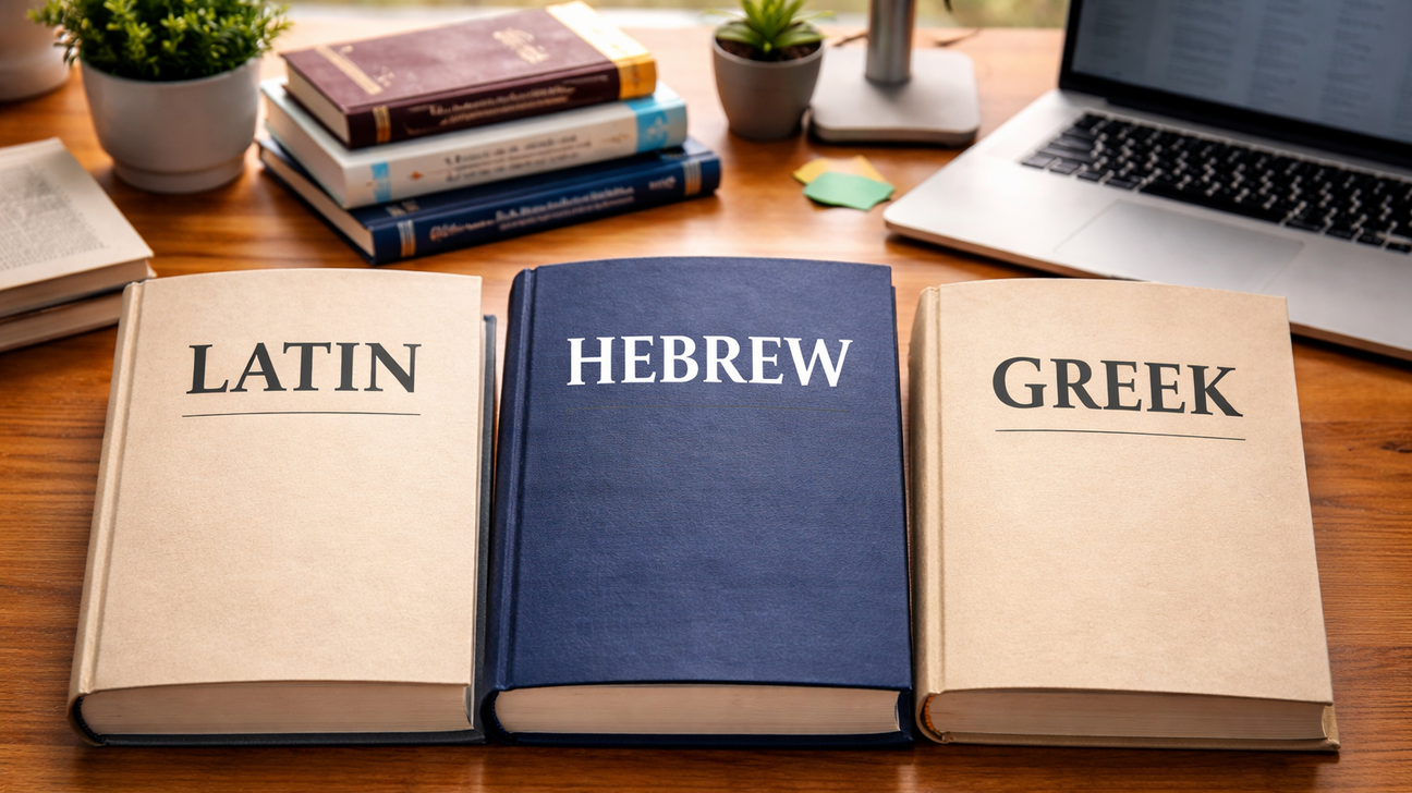Drei geschlossene B&uuml;cher liegen nebeneinander auf einem Holzschreibtisch. Auf den Buchdeckeln steht jeweils gro&szlig; &bdquo;Latein&ldquo;, &bdquo;Hebr&auml;isch&ldquo; und &bdquo;Griechisch&ldquo;. Im Hintergrund sind unscharf ein Laptop, weitere B&uuml;cher und eine Pflanze zu erkennen.