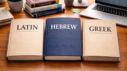 Drei geschlossene B&uuml;cher liegen nebeneinander auf einem Holzschreibtisch. Auf den Buchdeckeln steht jeweils gro&szlig; &bdquo;Latein&ldquo;, &bdquo;Hebr&auml;isch&ldquo; und &bdquo;Griechisch&ldquo;. Im Hintergrund sind unscharf ein Laptop, weitere B&uuml;cher und eine Pflanze zu erkennen.