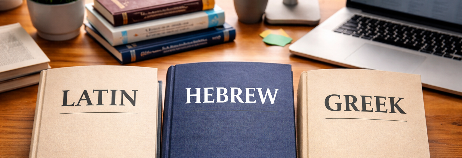 Drei geschlossene B&uuml;cher liegen nebeneinander auf einem Holzschreibtisch. Auf den Buchdeckeln steht jeweils gro&szlig; &bdquo;Latein&ldquo;, &bdquo;Hebr&auml;isch&ldquo; und &bdquo;Griechisch&ldquo;. Im Hintergrund sind unscharf ein Laptop, weitere B&uuml;cher und eine Pflanze zu erkennen.