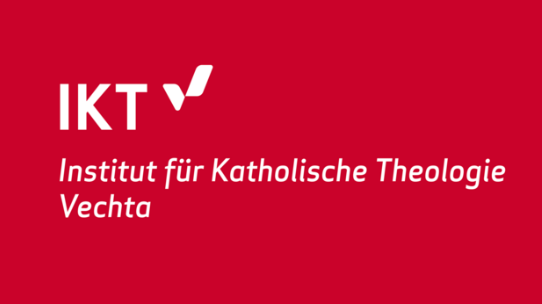 Wei&szlig;es Logo der Universit&auml;t Vechat auf Weinrotem Hintergrund