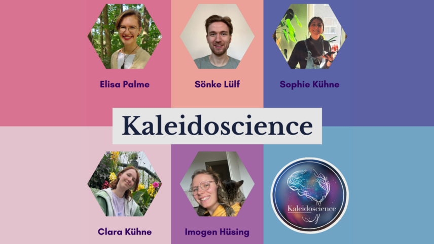 Five selfies and a logo in differently colored tiles. In the center is the lettering "Kaleidoscience"