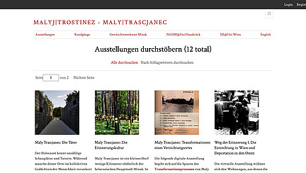 Die Bild zeigt eine Übersicht von Ausstellungen zur Gedenkstätte Malyj Trostinez. Im oberen Bereich befinden sich Navigationslinks und eine Suche nach Schlagwörtern. Darunter wird die Möglichkeit geboten, Ausstellungen zu durchsuchen. Es sind vier Ausstellungsbilder sichtbar