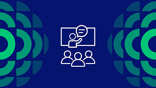 The picture shows a stylized symbol in green and blue, symbolizing a lecture.