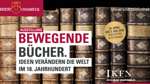 Das Bild zeigt die Buchr&uuml;cken alter B&uuml;cher. Davor ist der Titel der Ausstellung zu lesen.