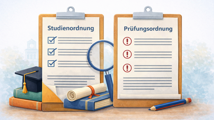 Zwei Klemmbretter stehen nebeneinander auf einem Tisch. Auf dem linken Dokument steht &bdquo;Studienordnung&ldquo;, auf dem rechten &bdquo;Pr&uuml;fungsordnung&ldquo;. Daneben liegen B&uuml;cher, eine Lupe, ein zusammengerolltes Dokument, ein Stift und ein Doktorhut als Symbole f&uuml;r Studium und Organisation.