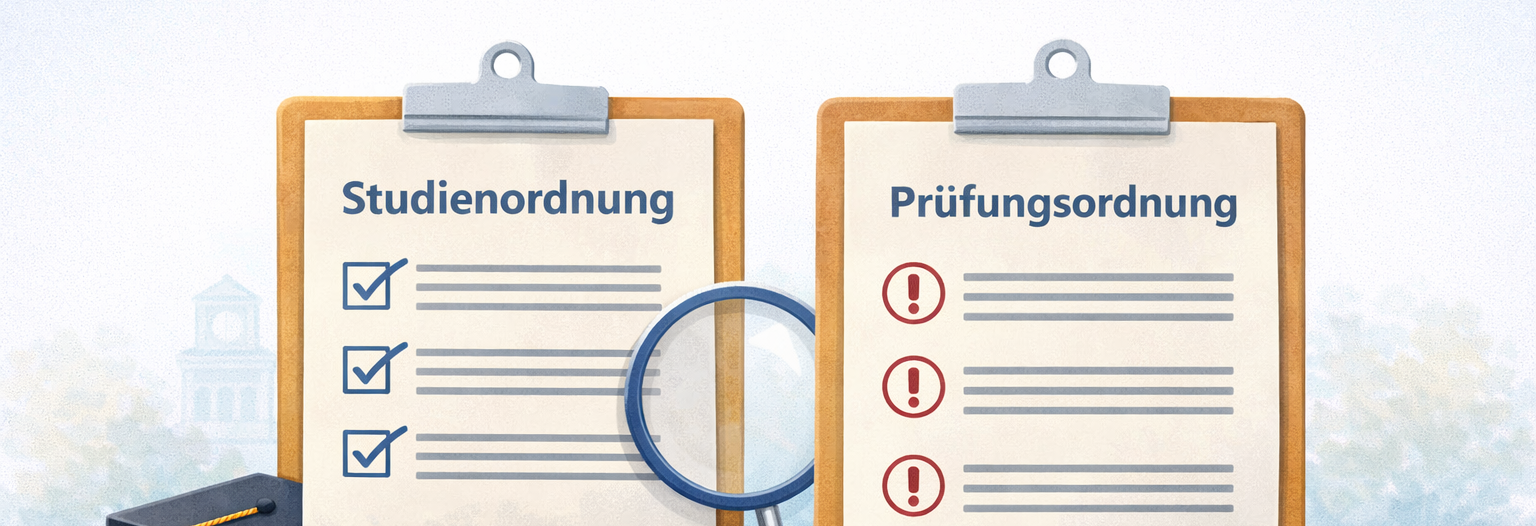 Zwei Klemmbretter stehen nebeneinander auf einem Tisch. Auf dem linken Dokument steht &bdquo;Studienordnung&ldquo;, auf dem rechten &bdquo;Pr&uuml;fungsordnung&ldquo;. Daneben liegen B&uuml;cher, eine Lupe, ein zusammengerolltes Dokument, ein Stift und ein Doktorhut als Symbole f&uuml;r Studium und Organisation.