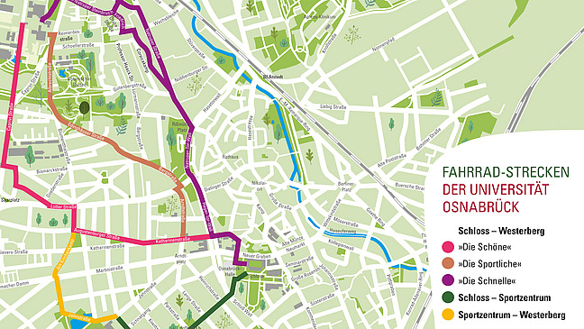 Kartenausschnitt mit farbig eingezeichneten Wegen