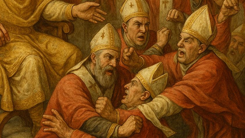 Kaiser Konstantin auf dem Konzil von Nicaea mit den im Streit liegenden Bischöfen.