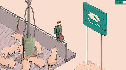 Graphic representation of a pigsty with a man standing in front of it. A sign reads ‘Pig & Click’.